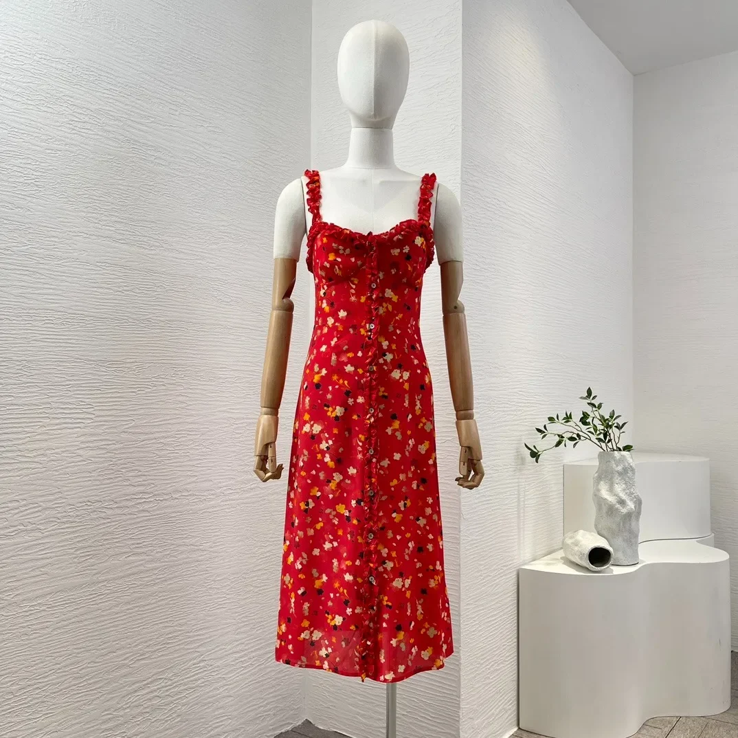

2024 Silk Summer Red Floral Sleeveless Midi Dress Camisole Ruffles Single Breasted Sweetheart Neck Vintage Clothing for Women