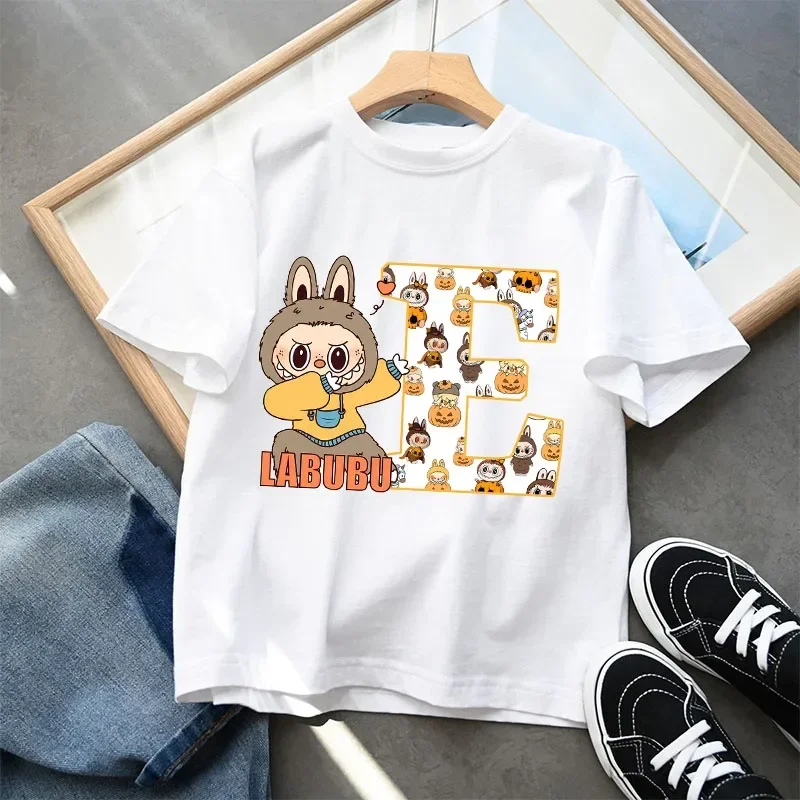 POP MART Labubu Kids Short Sleeve T-shirt Cartoon Anime 26 Letter Print Pullover Boys Girls Summer Casual Tops Loose Clothing 5