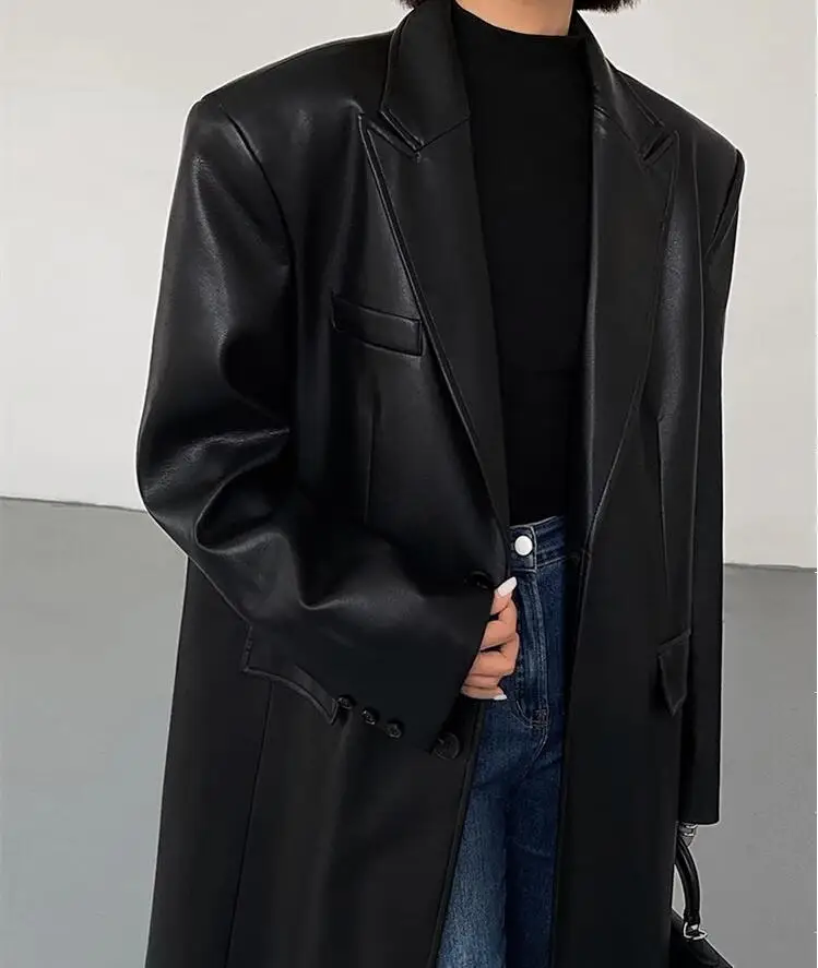 Women Leather Long Jacket Trench Oversized Faux Leather Blazer Button Down Lapel Coat with Pockets Down Shirts/Coats Work Office