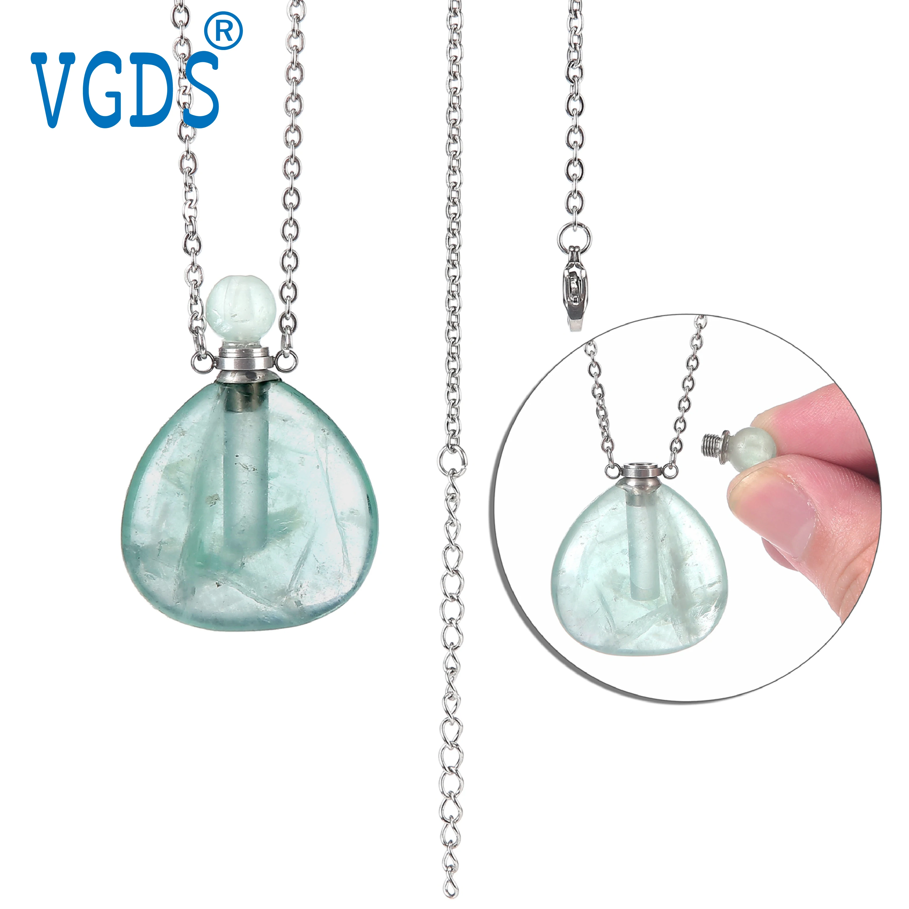 VGDS Natural Crystal Green Fluorite Water Drop Inverted Heart Perfume Bottle Necklace Pendant Stainless Steel Accessories Opened