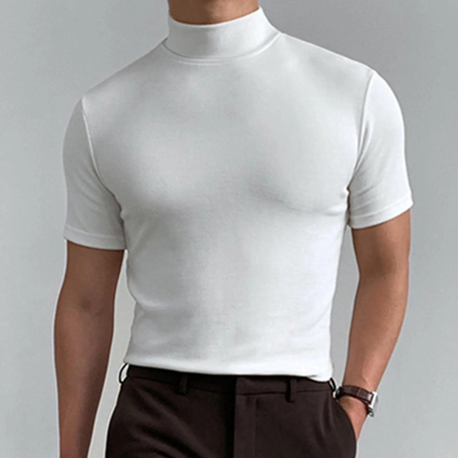 Male Summer Solid T Shirt Blouse High Collar Turtleneck Short Sleeve ...