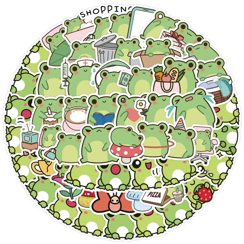 50pcs Cartoon Frog Stickers Cute Little Green Frog Funny Stickers Scrapbook Water Bottle Stationery