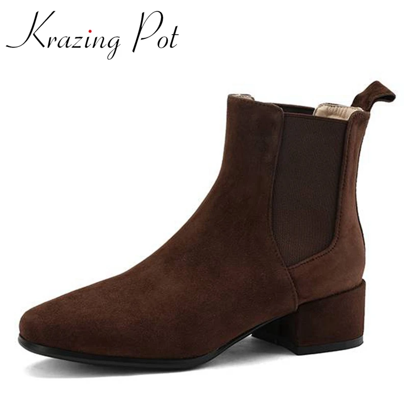 

Krazing Pot Sheep Suede Square Toe Med Heels Fashion Boots Large Size Splicing Office Lady Mature Causal Slip on Ankle Boots