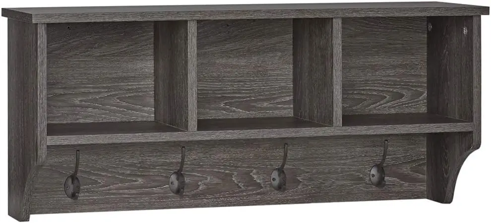 

Woodbury Collection Cubbies and Hooks Shelf, Dark Weathered Woodgrain Perchas ahorrar espacio armario Skirt hanger Room organiz