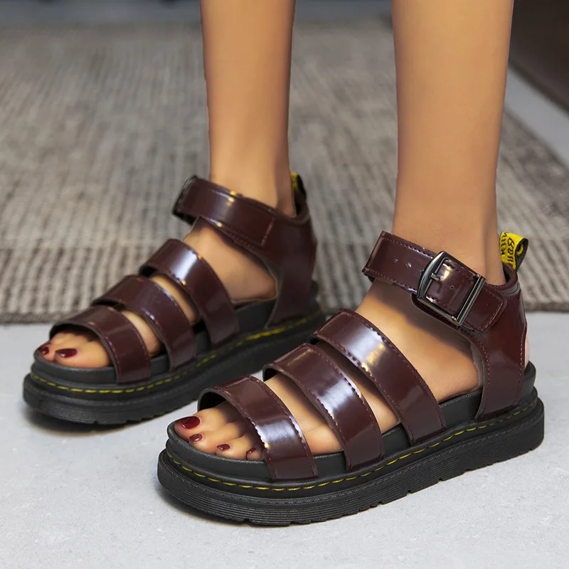 Spot Large Summer Thick Sole One Line Casual Roman Sandals Women's Cross Border Round Head Buckle Shoes