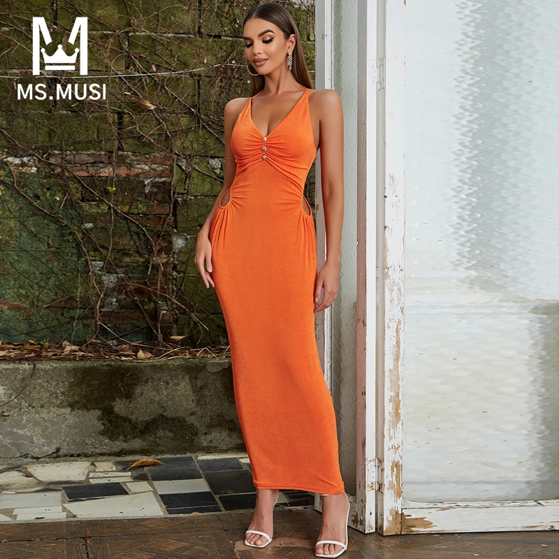 

MSMUSI 2023 New Fashion Women Sexy Strap Button Hollow Out Fold Sleeveless Backless Bodycon Party Club Slim Maxi Dress Long Gown