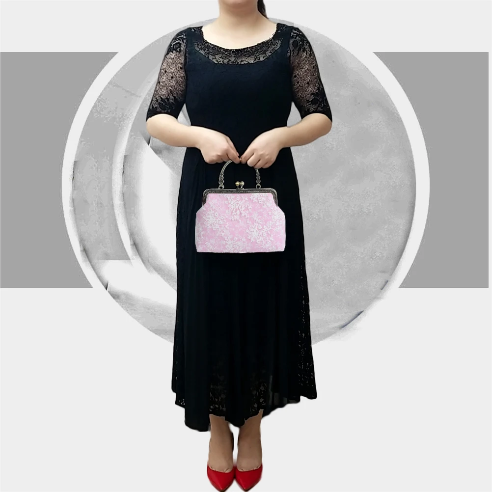 Abuyall Kiss Lock Top-Handle Handbag Lace Floral Purse Women Canvas Chain Strap Evening Tote Metal Frame Shoulder Crossbody Bag