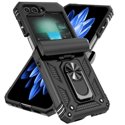 Military Grade Shockproof Protective Case with Magnetic Kickstand Ring Cover for Samsung Z Flip 6 (Black)