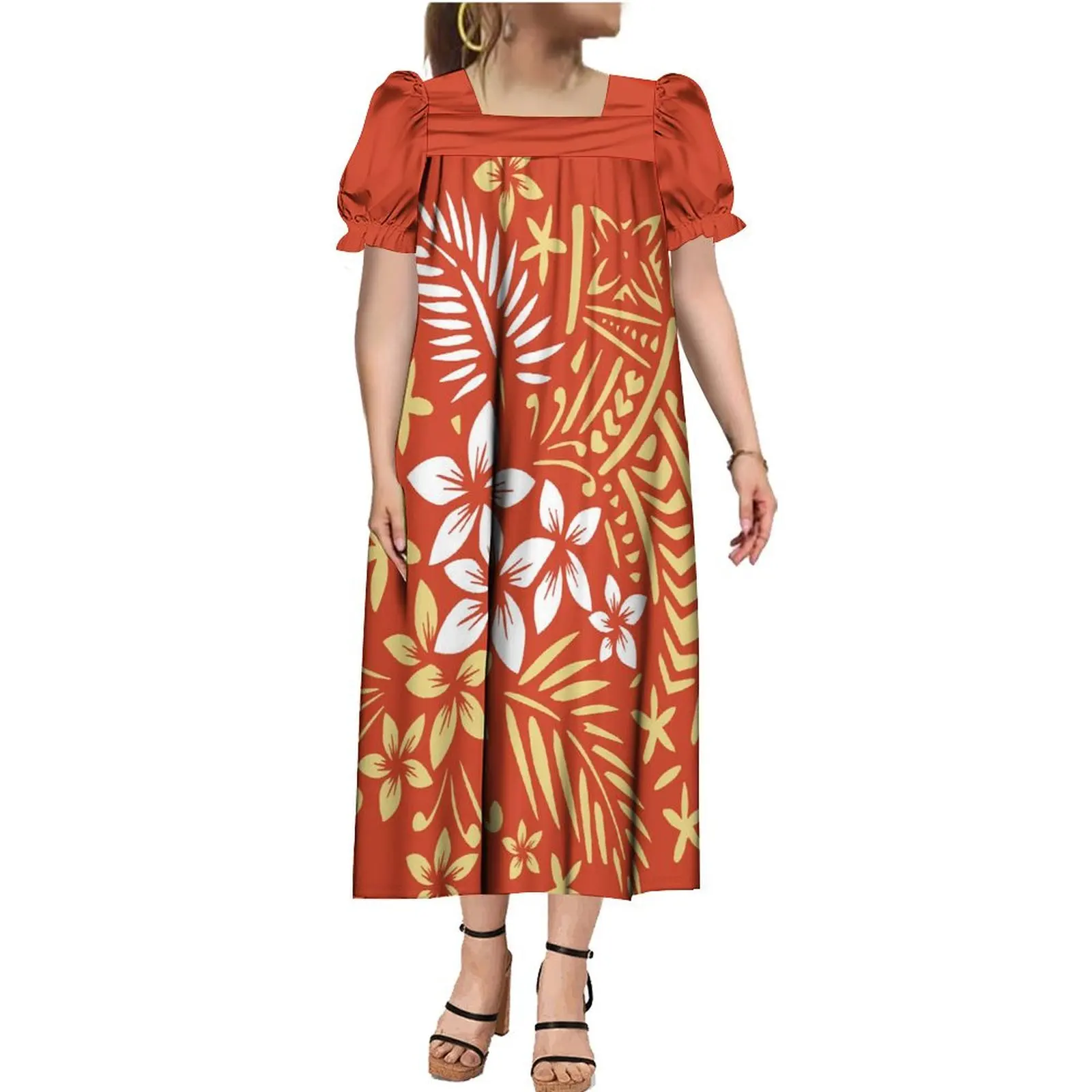 

Women Customized Printed Dress Pacific Island Style Red Samoa Long Dress Polynesia Floral Pattern Dress Mumu Micronesia Style