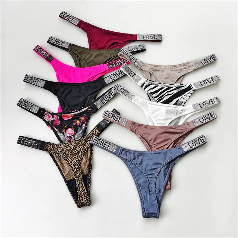 

G-String Cotton Rhinestone Panties Sexy Low Waist Thongs Women Solid Female Underpants Comfortable Underwear Intimate Lingerie