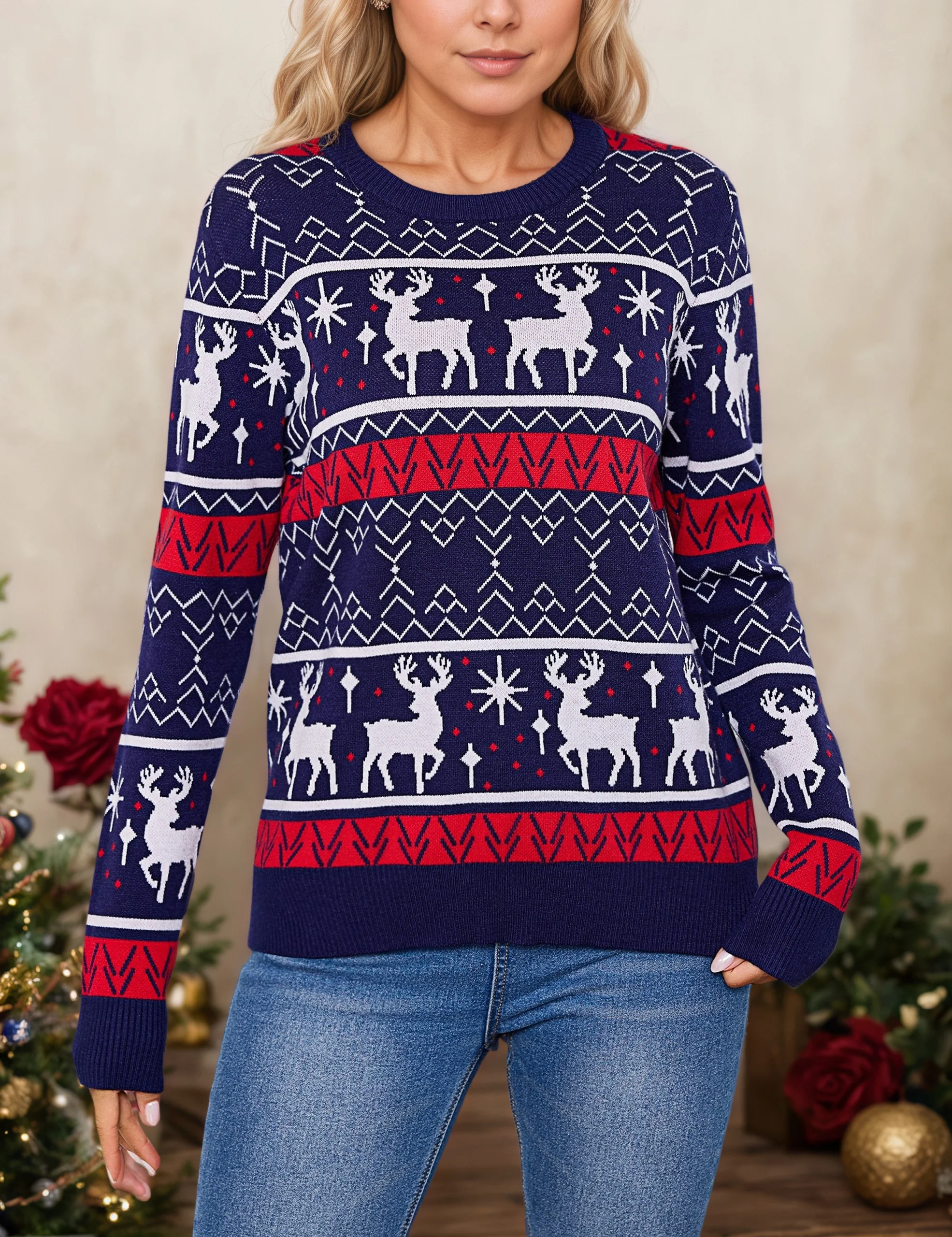 Lockerer Weihnachtspullover für Damen, festlicher Strickpullover, süßes Rentier- und Schneeflocken-Design, Winter-Urlaubspullover, weiche und warme, langärmlige, modische, lockere Strickwaren, Weihnachtsgeschenk, lässiges Partykleidung, bequemes Oberteil – Detail 4