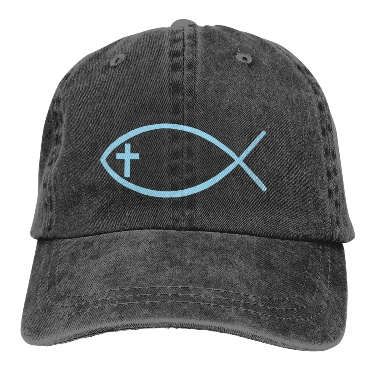 

Washed Men's Baseball Cap Ichthys Fish Trucker Snapback Caps Dad Hat Jesus God Cross Golf Hats