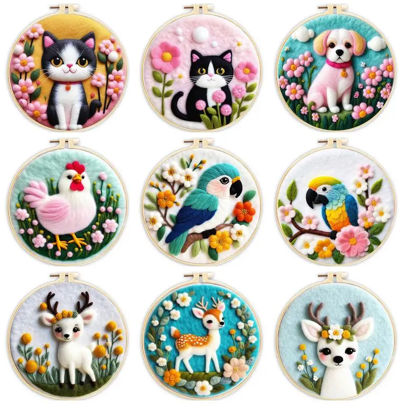 PhotoCustom Diy Felt Painting Kits Bird Cat Animals Pictures Needle Felt Art For Adult Diy Crafts Wool Felting Painting 20x20cm