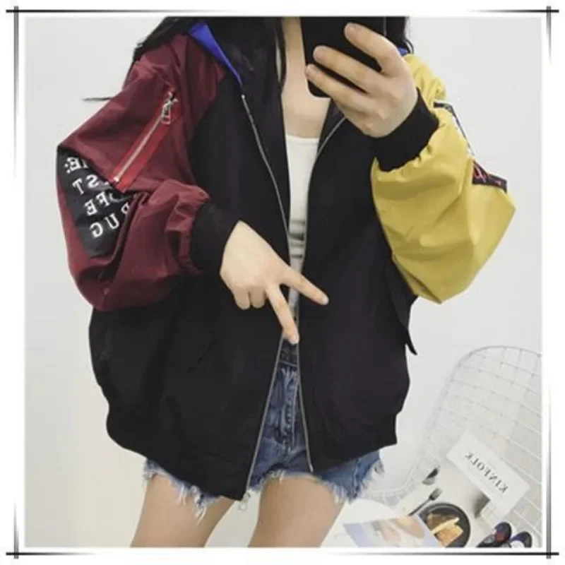 Chic Short Loose Fit Jackets for Women, Harajuku, Korean Style, Color Block, Patchwork, Letter Embroidery, Spring, New