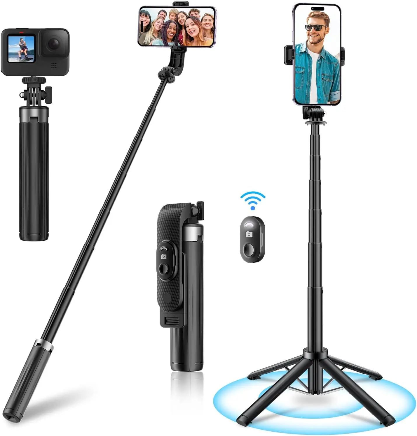 Mini Selfie Stick Phone Tripod with Remote Upgrade Quadripod Design 40" Extendable Rechargeable Bluetooth Control