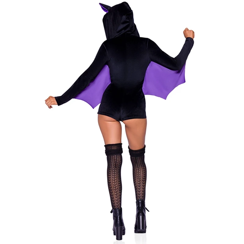 

Halloween Cosplay Bat Costumes for Women Contras Color Vampire Long Sleeved Hooded Zipper Slim Short Jumpsuit