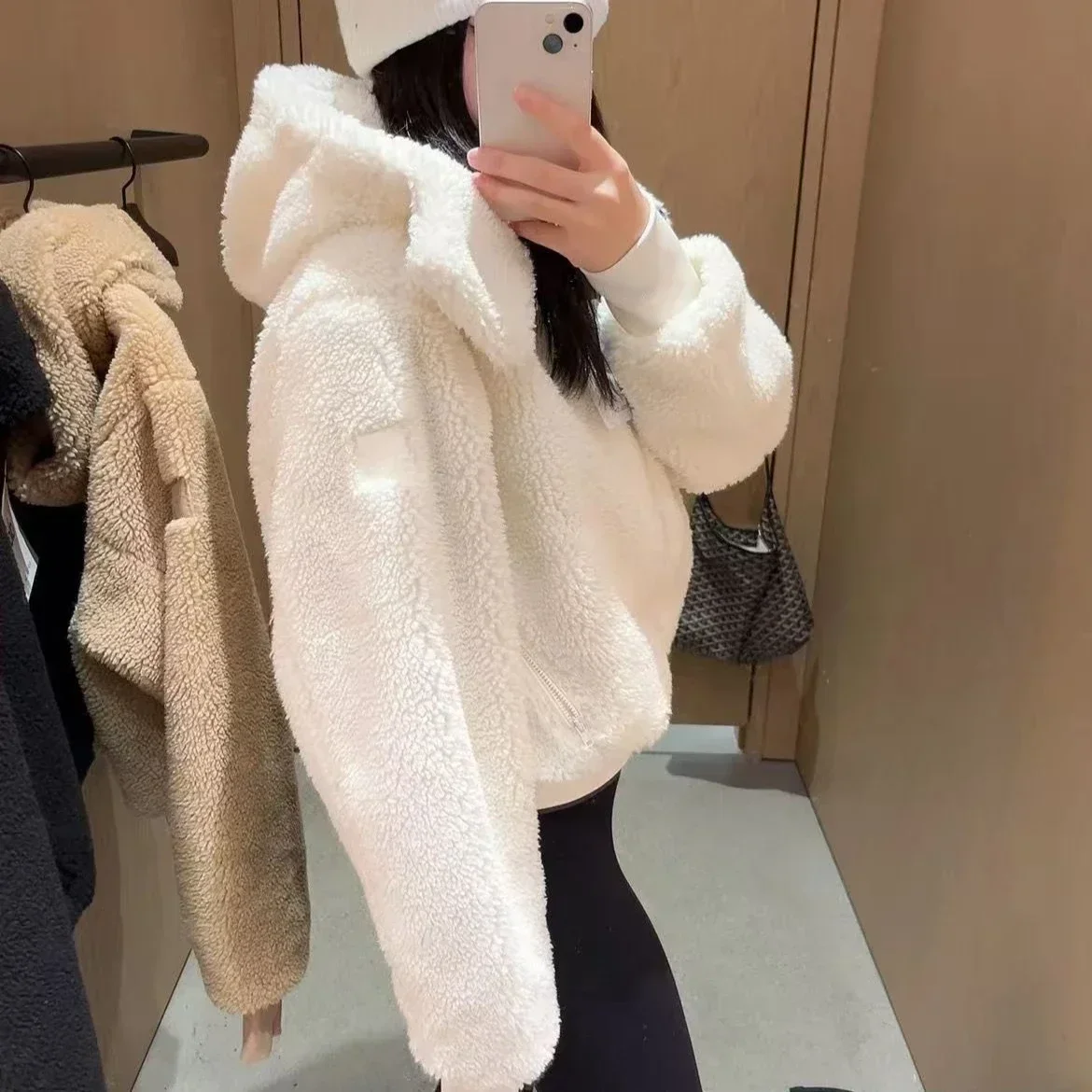 AI Lamb Wool Thick Zipper Hooded Coat Casual Yoga Wear Women's Winter Short Warm Cotton-padded Jacket 6