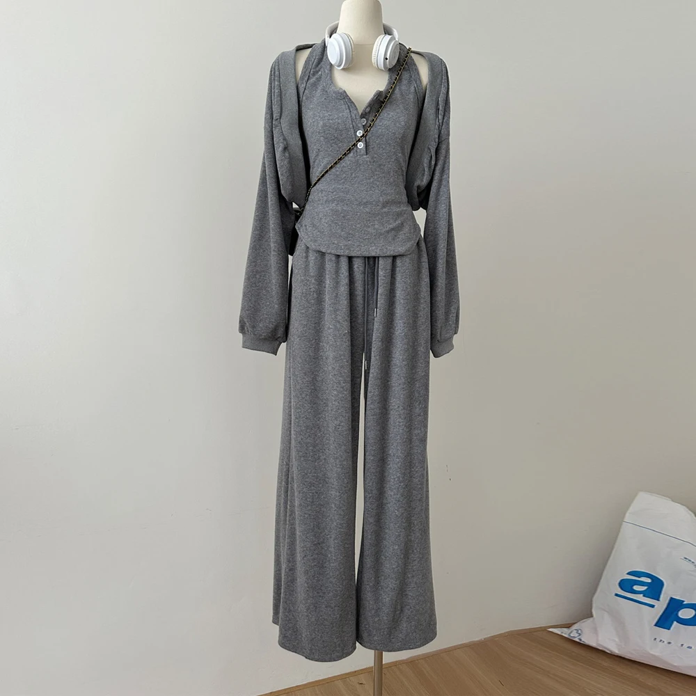 

Spring Autumn 3 Pieces Women Sets Casual Tracksuit Cardigan Short Coats Hanging Neck Vest Top and Straight Wide Leg Pants Suits
