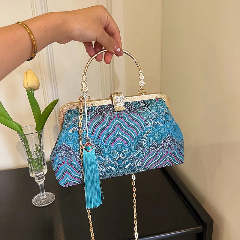Vintage Embroidery Print Ladies Evening Bag Metal Handle Handbag Prom Clutches Gold Chain Shoulder Bag For Women Party Clutch