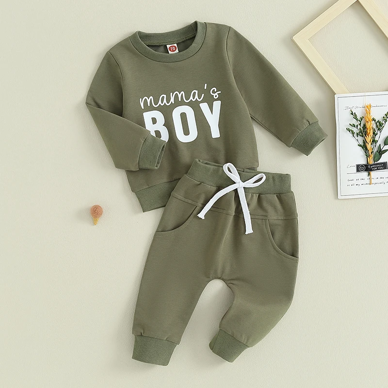Fall Casual Baby Boys Outfits Newborn Letter Print Long Sleeve Sweatshirt Tops Drawstring Pants Set Infant Soft Suits