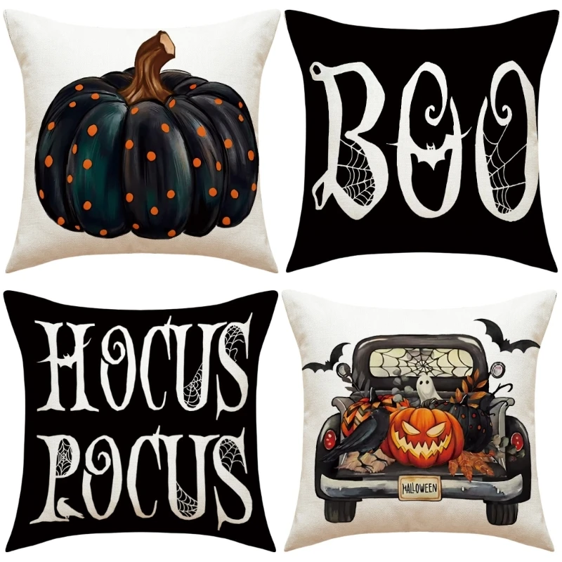 

Halloween Linen Pillow Cover 45x45cm Pumpkin Bat Car Holiday New Year Decoration