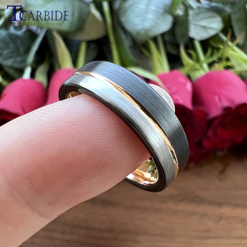 6MM Multicolor Tungsten Wedding Band for Men Women Black Gold Color Offset Grooved Brushed Fashion Gift Jewelry Comfort Fit