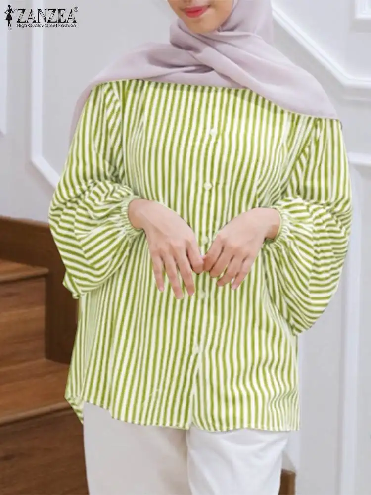 

ZANZEA Women Casual Long Sleeve Striped Shirt Autumn Fashion Blouse Elegant Ladies Work Tops Retro Muslim Buttons Down Blusas