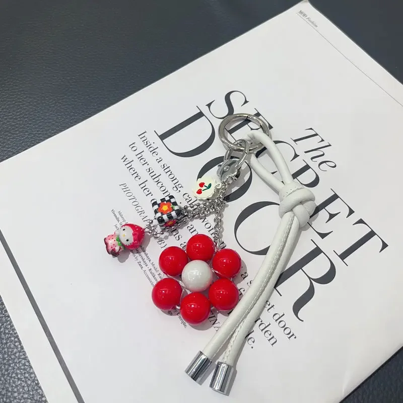 New South Korea Dongdaemun Gentle Cream Colored Leather Rope Contrasting Sun Flower Beads Phone Chain Keychain Bag Pendant 5