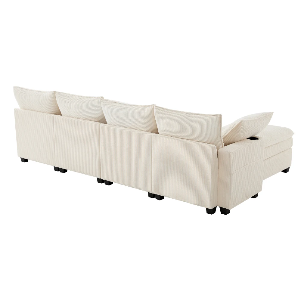 Modernes L-förmiges Sofa mit Kabelbefestigung, abnehmbarem Fußhocker, USB-Anschlüssen, Ablagefächern und Getränkehaltern, modulares Sofa – Detail 18