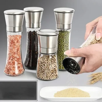 Grinder Stainless Steel Salt and Pepper Mill Manual Food Herb Grinders Spice Jar Containers Kitchen Gadgets Spice Bottles Glass 1