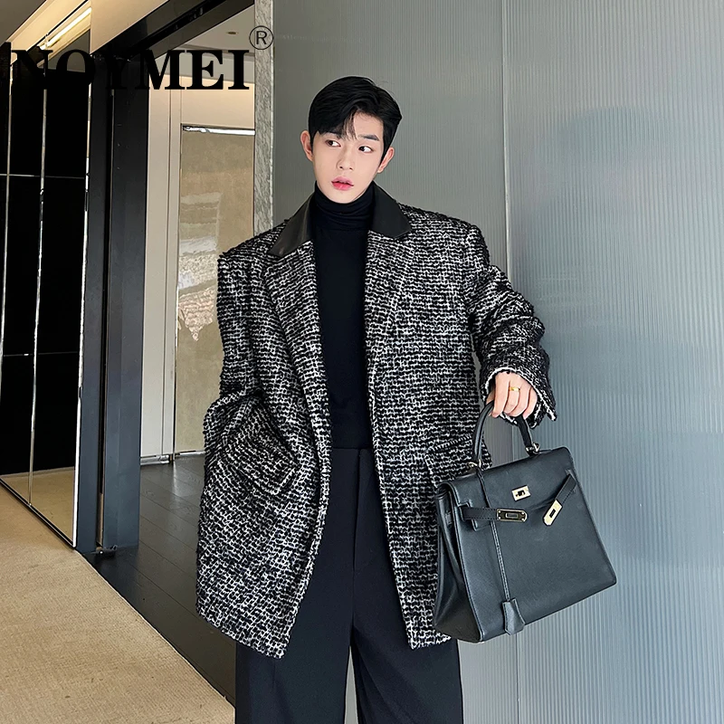 

NOYMEI Men Fashion Korean Style Blazer Thickened Wool Loop Velvet Patchwork PU Leather Collar Design Casual Suit Jacket WA3364