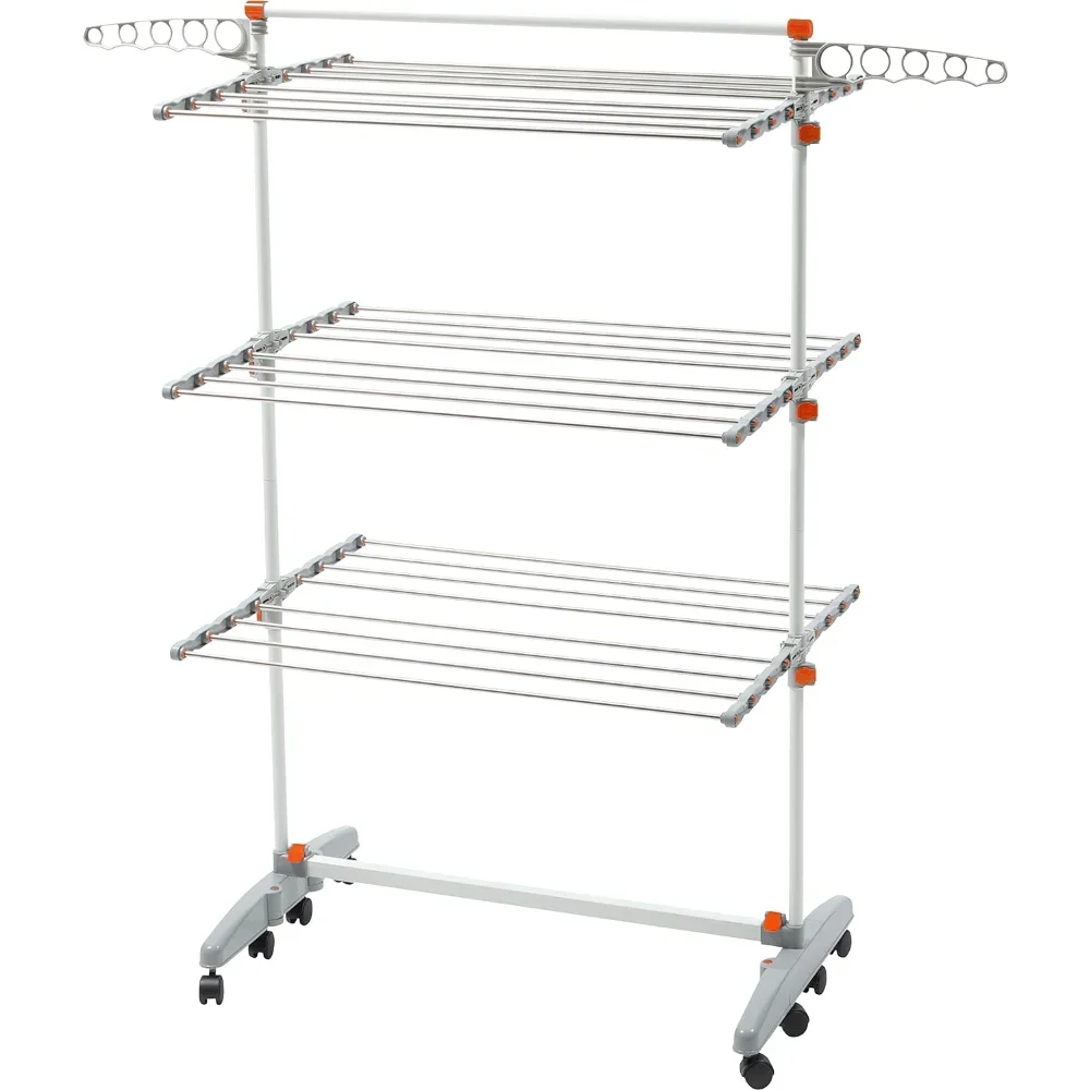 

Foldable Rolling 3-Tier Clothes Laundry Drying Rack with Stainless Steel Hanging Rods, Collapsible Shelves and Base