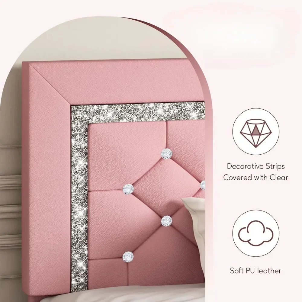 Queen Bed Frame, Upholstered with Diamond Tufted Headboard,,Wooden Slats Support, No Box Spring Needed, Easy Assembly Pink 3