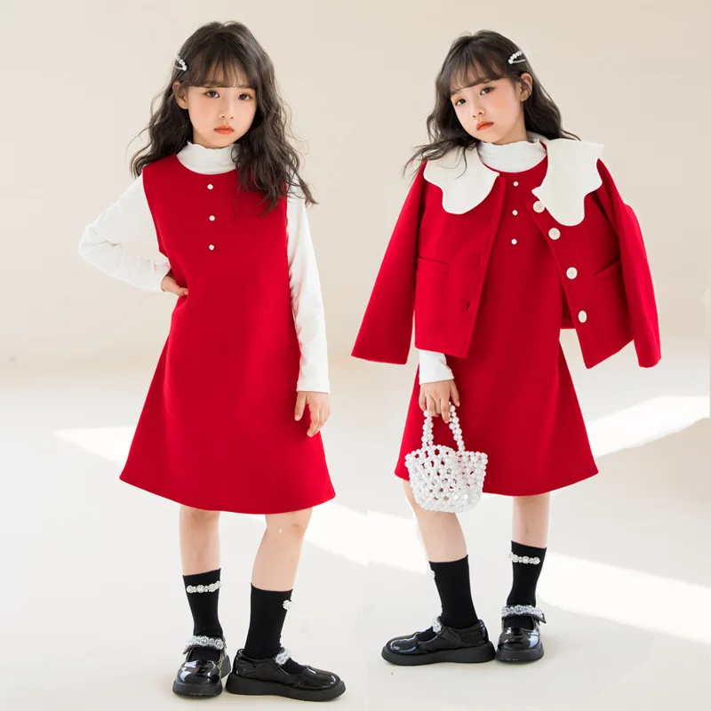 

Korea Autumn Winter Junior Girl Woolen 2PCS Clothes Set School Girl Doll Collar Single-breasted Coat+Straight Skirt Set For Girl
