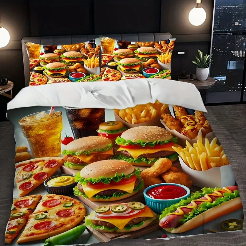 3pcs Bedding Set with Hamburger And Fried Chicken Fast Food Pattern Print, Including a Quilt Cover And Two Pillowcases