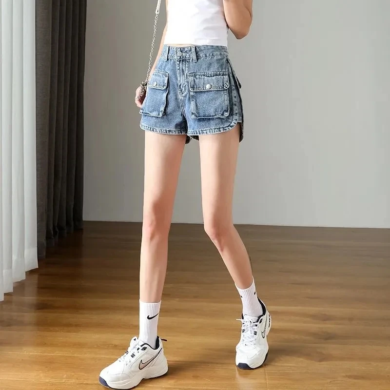 Women's Retro Denim Shorts Summer Fashion Slimming Workwear Pocket High Waist Wide Leg Korean Loose Short Hot Pants For Women