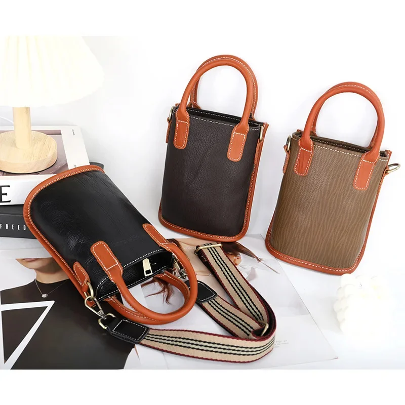

Retro Soft Leather Ladies Diagonal New Top Layer Cowhide Mini Bucket Wide Strap Single Shoulder Small Bag