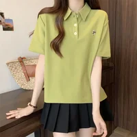 Baggy Polo Neck T Shirt for Women Short Sleeve Woman Tshirt Fashion Women's Clothing 2025 Trending Goth Korean Elegant Sale Tee - Image 2