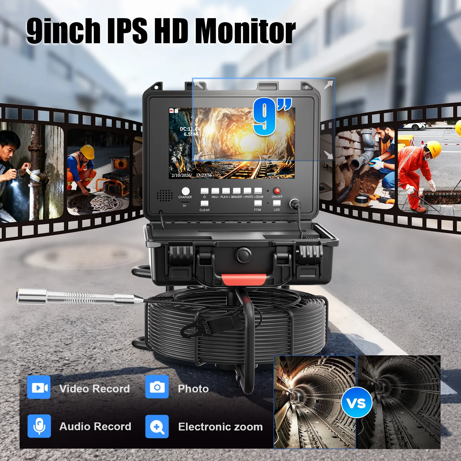 하수관 검사 카메라 9인치 IPS 1080P 자동 수평 조절 512HZ 탐지기 DVR 녹화 미터 카운터