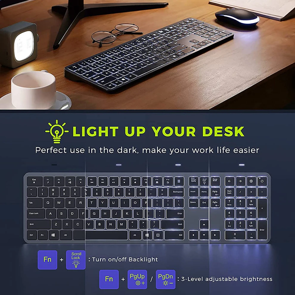 Combinação de Teclado e Mouse sem Fio Teclado e Mouse Retroiluminado Silencioso Conjunto Slim Recarregável em Tamanho Grande Usb 2.4g - Imagem 6