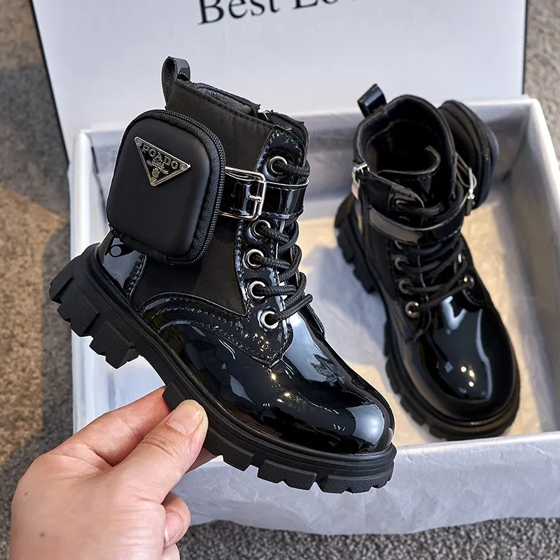 

Children Help High Boots Students' Black Patent Leather Shoes 2023 Winter Girls Fashion Tide Shoes Boots Cuhk Short Boats 888