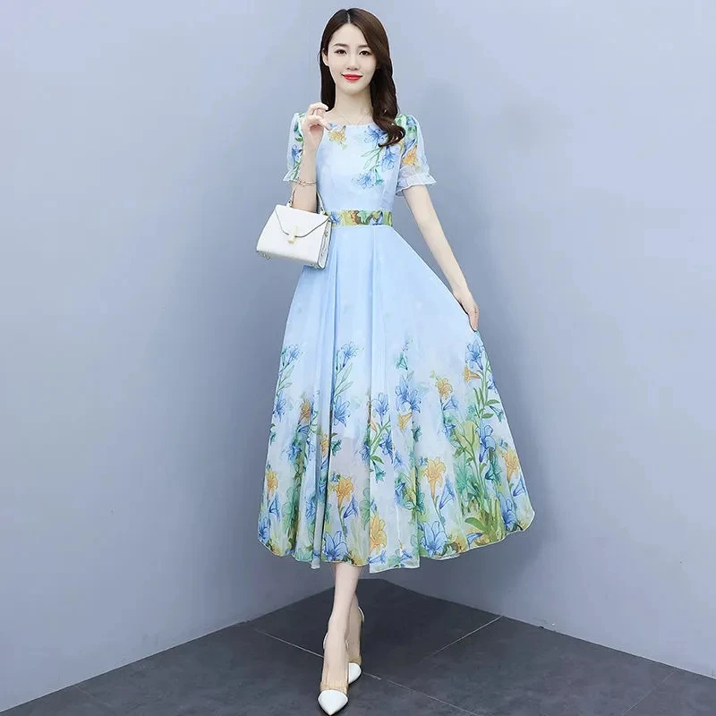 Green Big Swing Chiffon Dress Women's Summer Dress 2023 Fashion Long Slim Floral Dresses Print Short Sleeve A-Line Dress Elegant