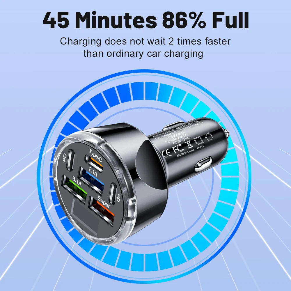 150W 6/8 Ports Car Charger Fast Charging PD QC3.0 USB C Car Phone Charger Type C Adapter in Car For iPhone Samsung Huawei Xiaomi