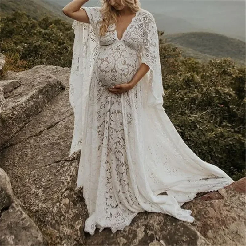 

Vintage Lace Maternity Dress Boho Batwing Sleeve for Pregnant Long Gown Shooting Photo Photography Props Clothes for Baby Shower