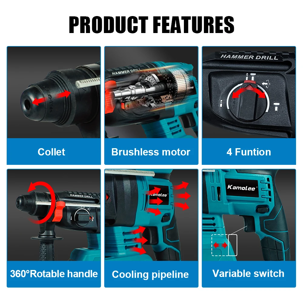 Kamolee 2000W 10600IPM Brushless Cordless Rotary Hammer Drill Rechargeable Electric Hammer Impact Drill For Makita Battery