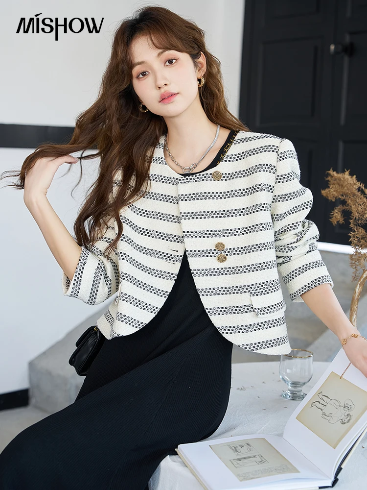 MISHOW Women's Striped Small Fragrance Jacket 2023 Autumn Korean Wide-waisted Temperament O-Neck Coats Office Lady MXC43W0033