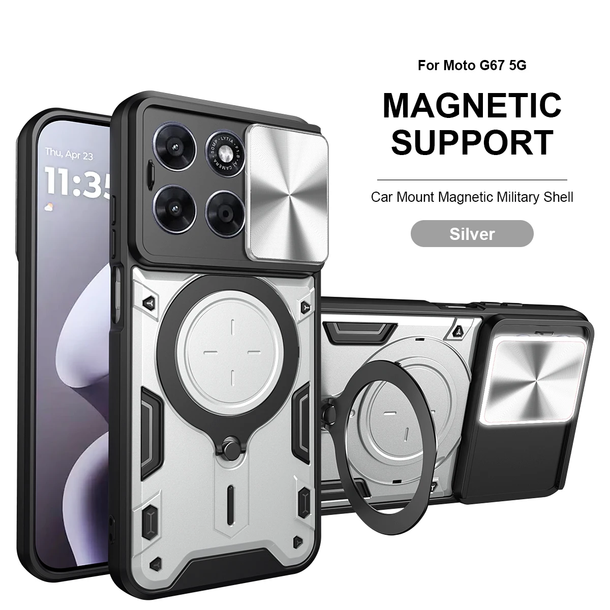 Heavy Duty Rugged Armor Phone Case with Magnetic Bracket and Slide Camera Protection Cover