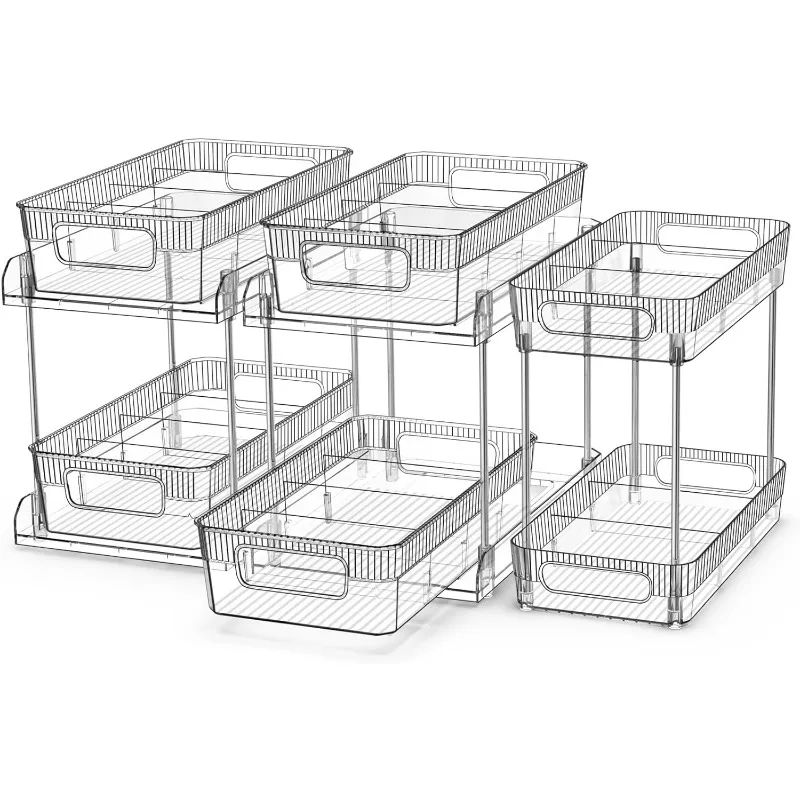 

2 Tier Bathroom Organizer with Dividers,3 Set Under Sink Organizers Storage Slide Out Bathroom Vanity Counter Storage Container