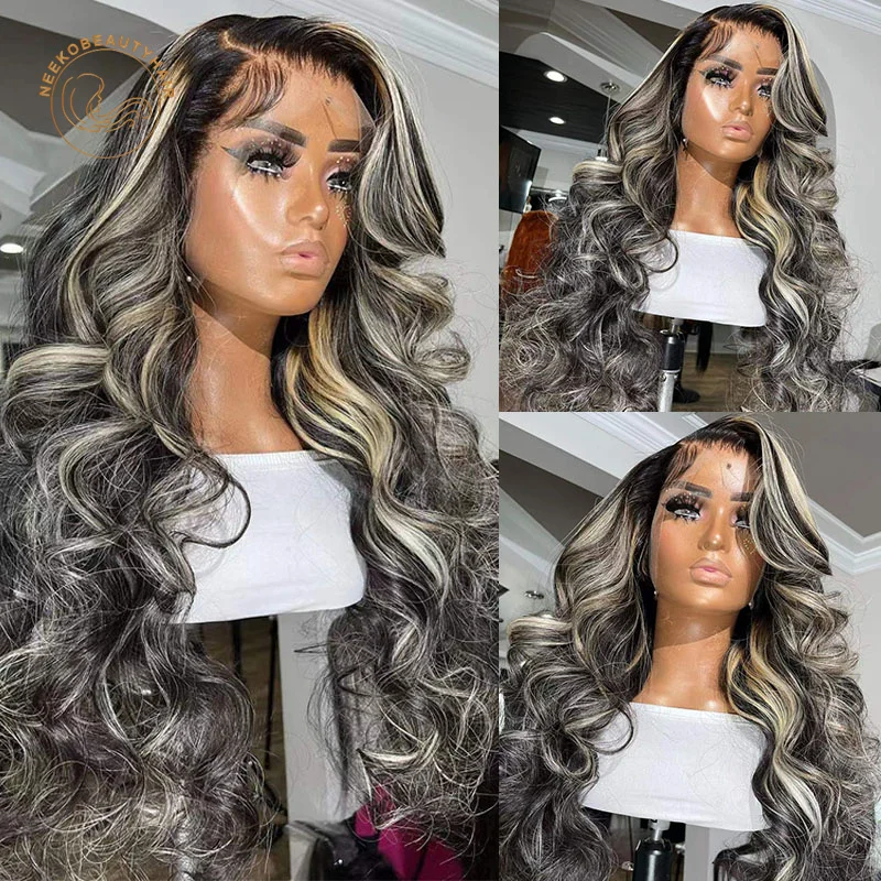 Lace Frontal Wigs Black Grey Highlight Wig Wavy 13X4 Lace Front Wig Highlight Blonde Colored Human Hair Wigs Closure Wig