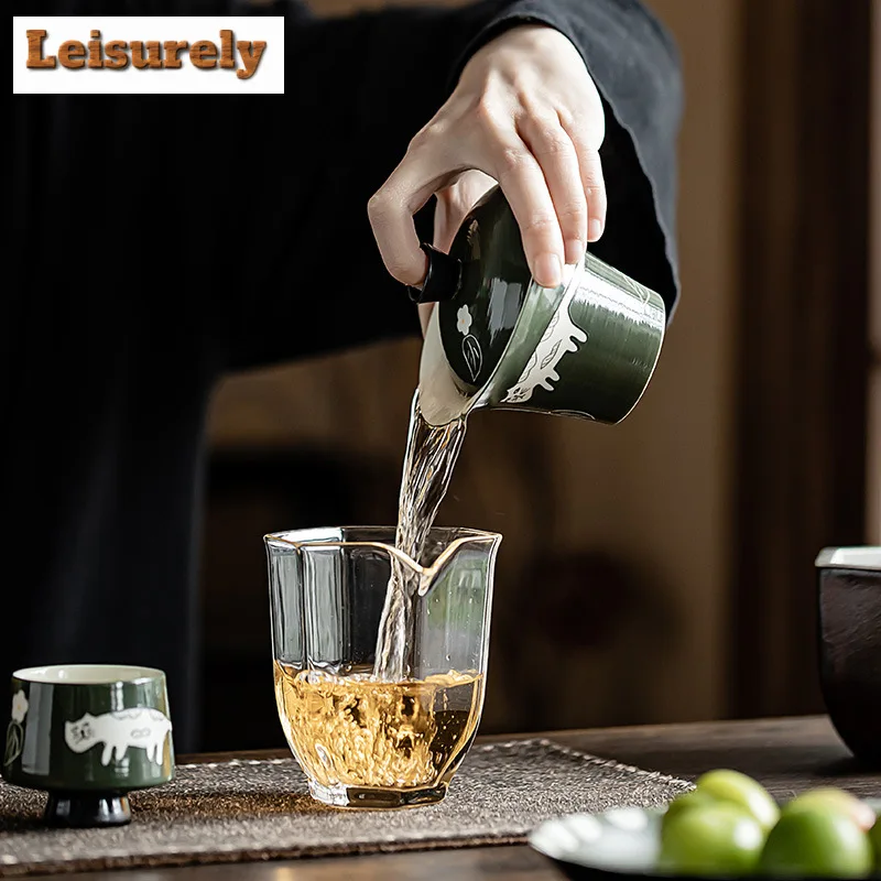 150ml Handmade Powder Yin Olive Green Gaiwan Boutique Hand Painted Cat Tea Tureen Tea Making Cover Bowl Tea Tray Cafes Supplies